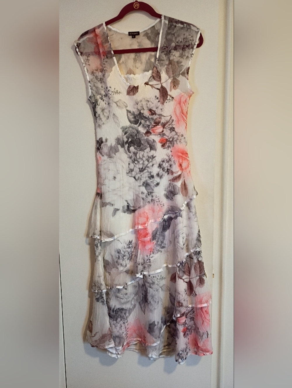 Komarov Floral Chiffon Pink And Gray Midi Dress  New Without Tag- Large